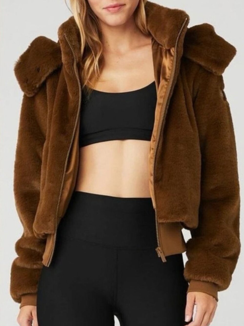 Alo Yoga Foxy Faux Fur Jacket Chocolate Brown Cropped Hooded Zip Size L